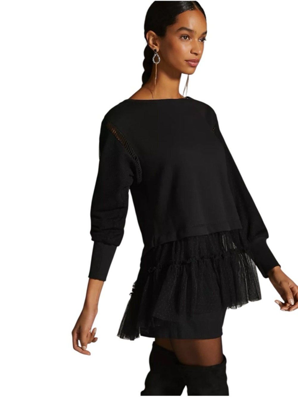 Anthropologie Tulle Hem Sweatshirt Black Lace Sleeve Pullover Women’s Large